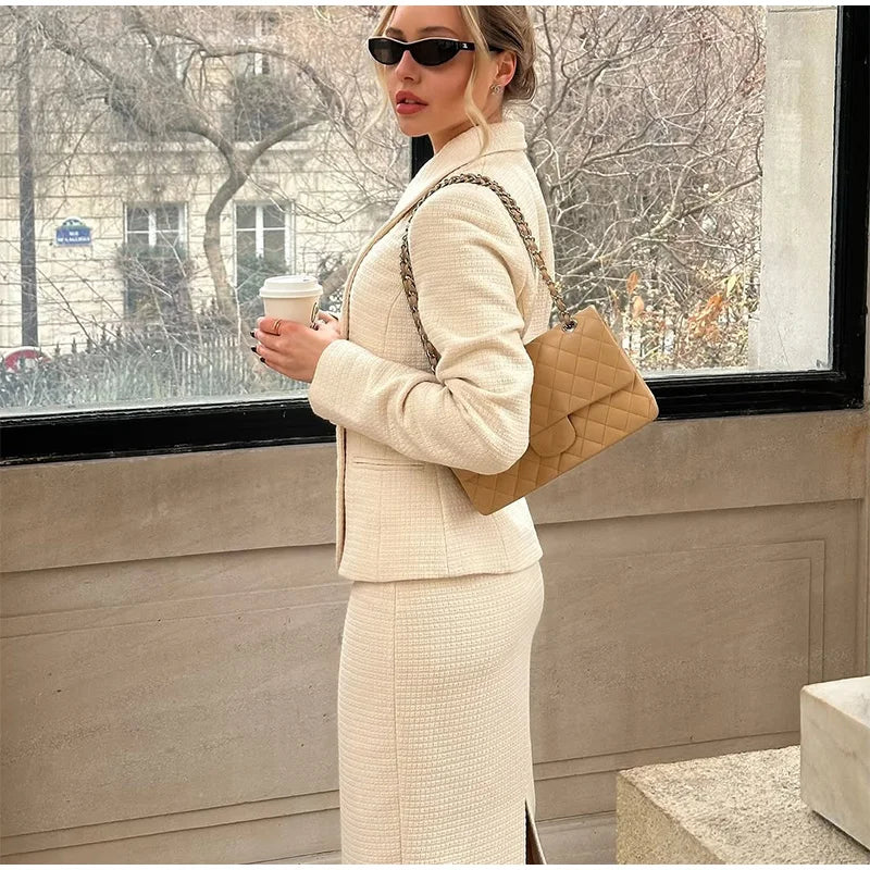 Solid Stand Collar Jackets and Skirts Suit