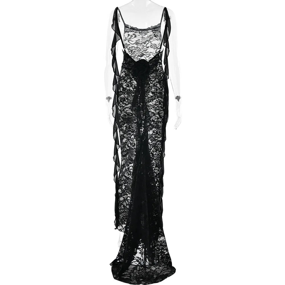 Lace Patchwork Backless Trailing Long Dress