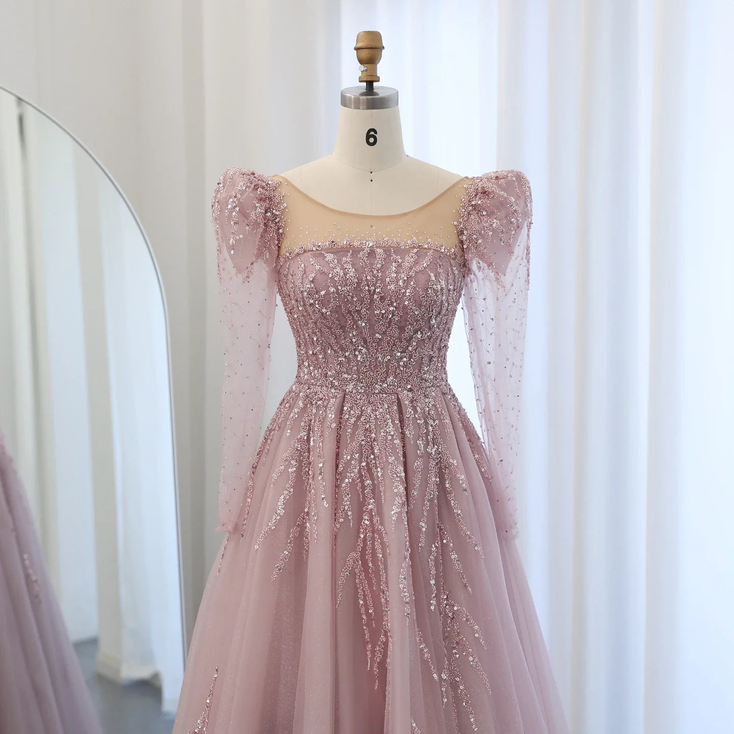 Dusty Pink Long Sleeve Formal Prom Gown