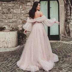 Off The Shoulder Long Puff Sleeve Slit Prom Dress