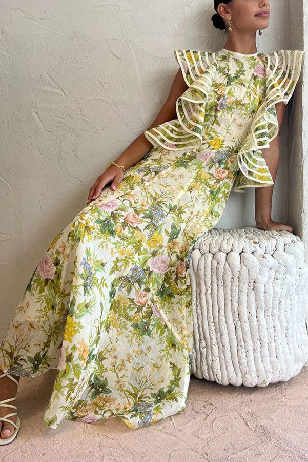 Backless Print Lace up Large Swing Dress for