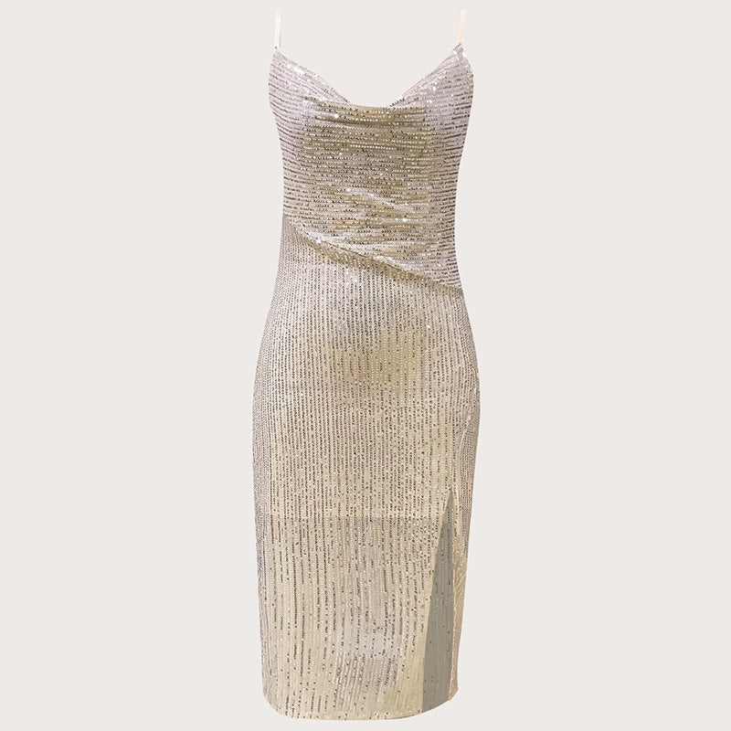Bling Sequ Dress High Slit to Thigh Drape Halter Dress Cocktail Dress