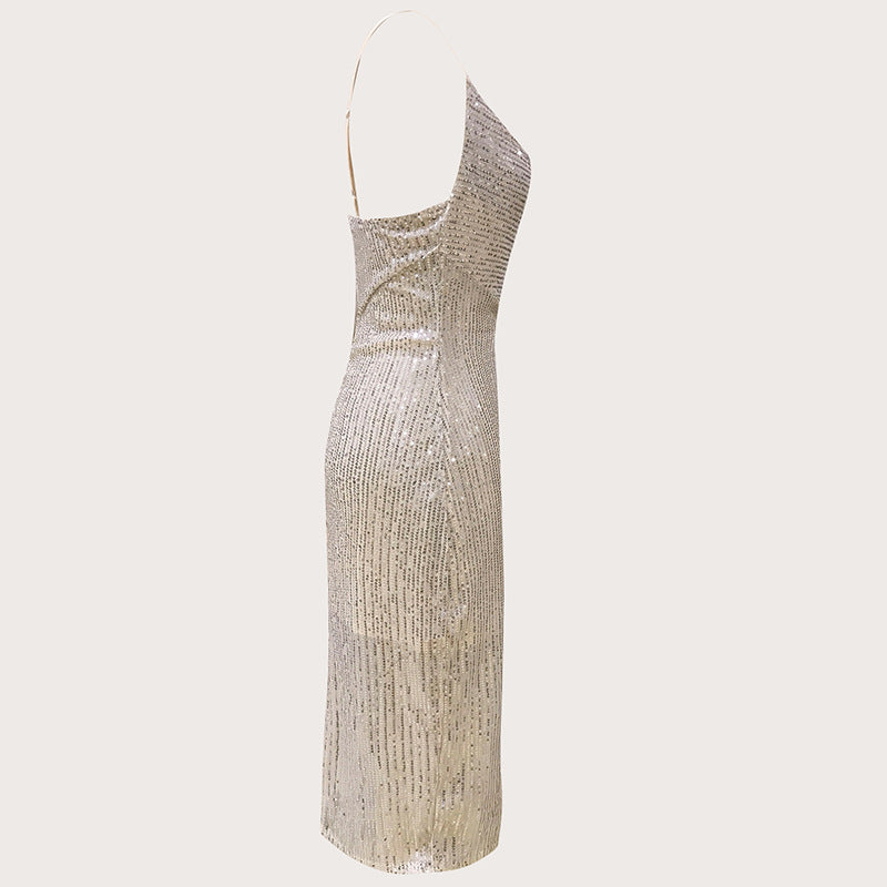 Bling Sequ Dress High Slit to Thigh Drape Halter Dress Cocktail Dress