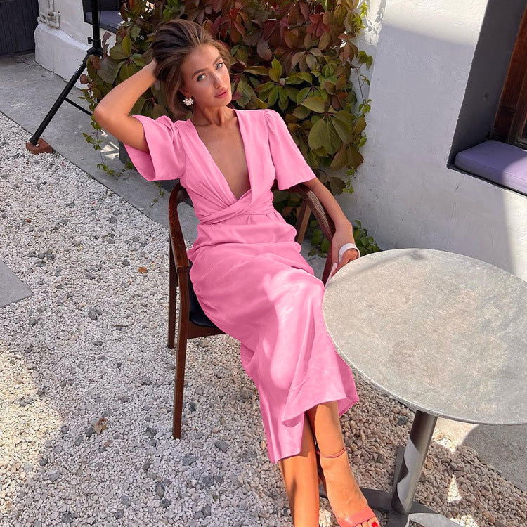 Deep V Plunge Cross Strap Short Sleeve Dress Solid Color Dress