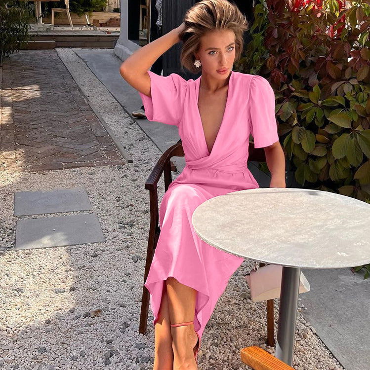 Deep V Plunge Cross Strap Short Sleeve Dress Solid Color Dress