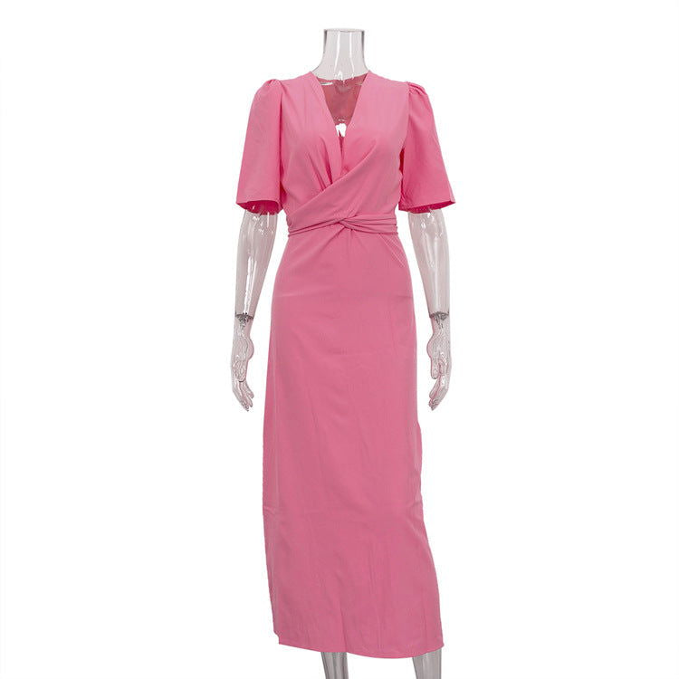 Deep V Plunge Cross Strap Short Sleeve Dress Solid Color Dress