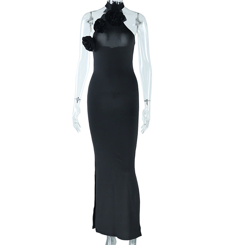 Halter Dress Solid Color Sleeveless Stitched Backless Asymmetric