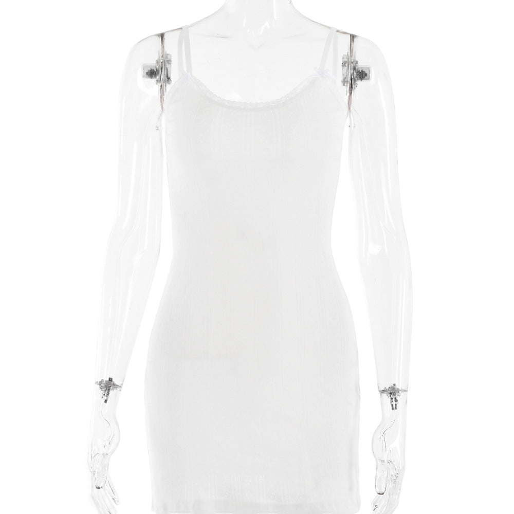 Lace V neck Backless Strap Cotton Dress for