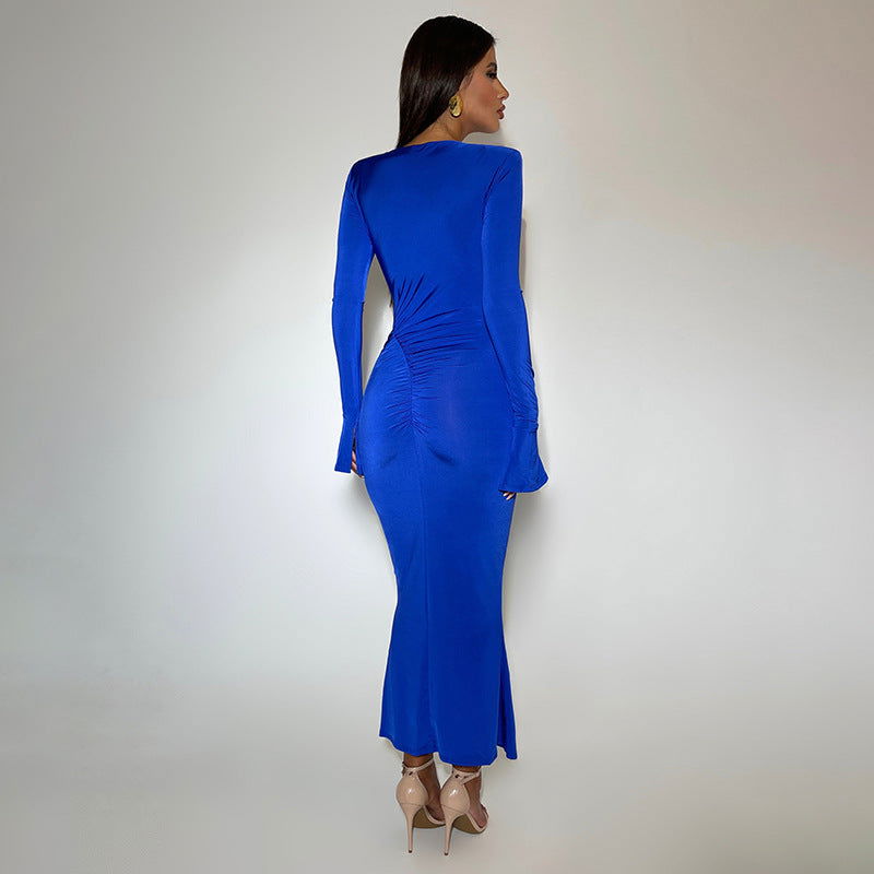 Long Sleeve round Neck Stitching Ruffle Horn Long Sleeve Narrow Slim Fit Maxi Dress