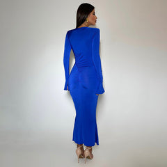 Long Sleeve round Neck Stitching Ruffle Horn Long Sleeve Narrow Slim Fit Maxi Dress