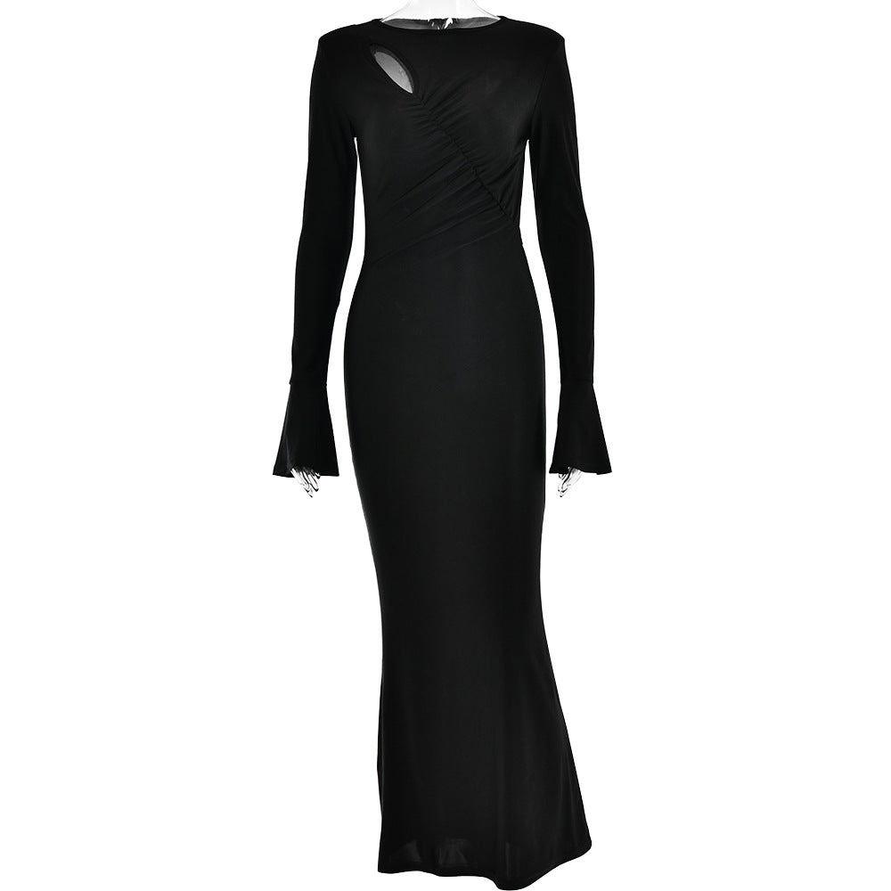 Long Sleeve round Neck Stitching Ruffle Horn Long Sleeve Narrow Slim Fit Maxi Dress