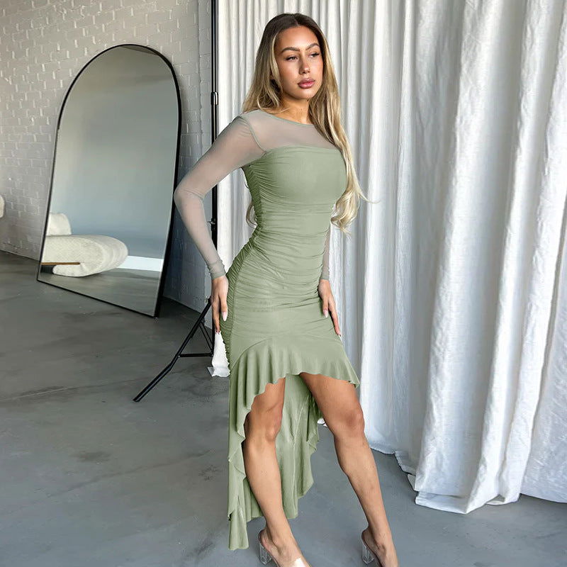 Mesh Stitching Ruffled Pleated Socialite Elegant Slim Fit Maxi Dress
