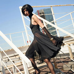 Mesh Stitching See through Half Turtleneck Slim Sleeve Dress