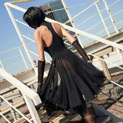 Mesh Stitching See through Half Turtleneck Slim Sleeve Dress