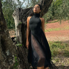 Mesh Stitching See through Half Turtleneck Slim Sleeve Dress