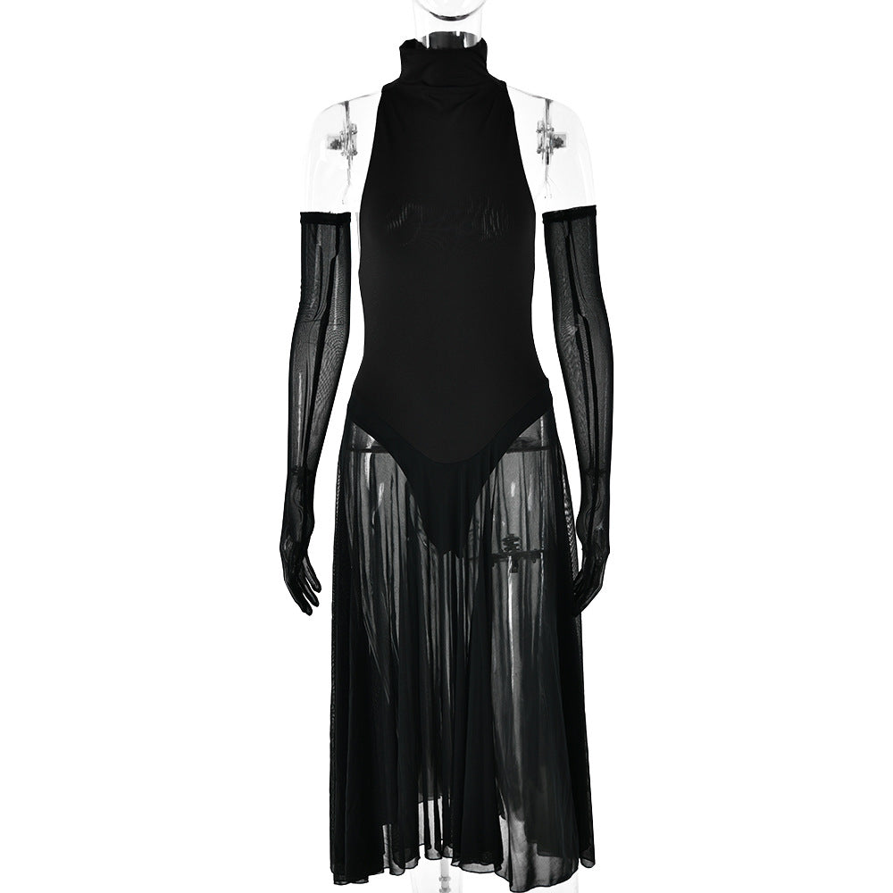 Mesh Stitching See through Half Turtleneck Slim Sleeve Dress