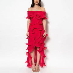 Off Shoulder Dress Elegant Irregular Asymmetric Wooden Ear Design Maxi