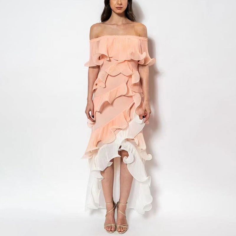 Off Shoulder Dress Elegant Irregular Asymmetric Wooden Ear Design Maxi