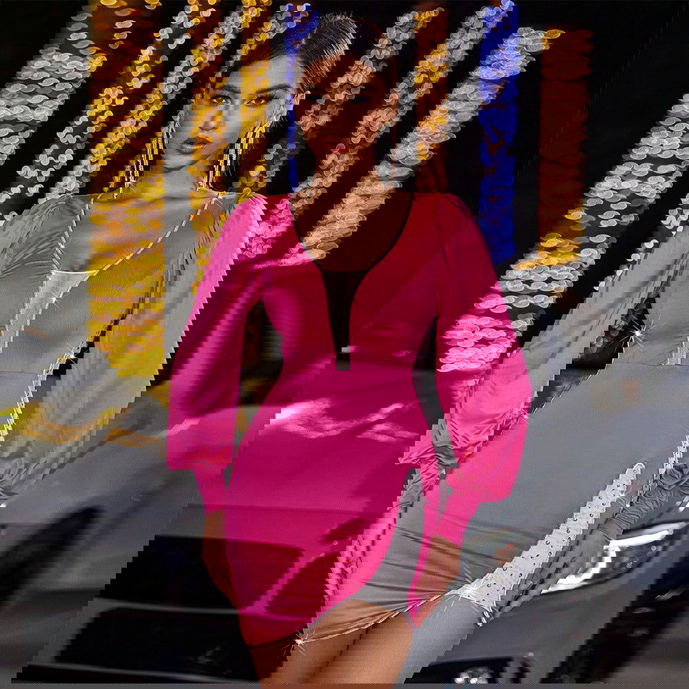 Vestido de noche de discoteca de manga larga con costuras de diamantes de imitación