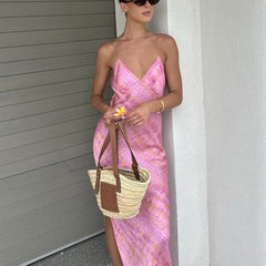 Printed V neck Suspender Side Slit Backless Sheath Dress