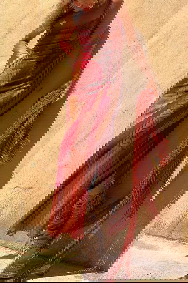 Sleeveless Printed Stretch Split Straps Tulle Dress