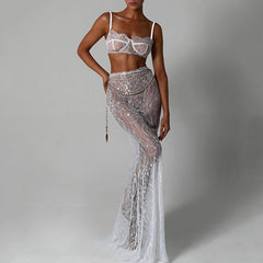 Conjunto de dos piezas con vestido de noche, espalda descubierta y falda de cola de pez