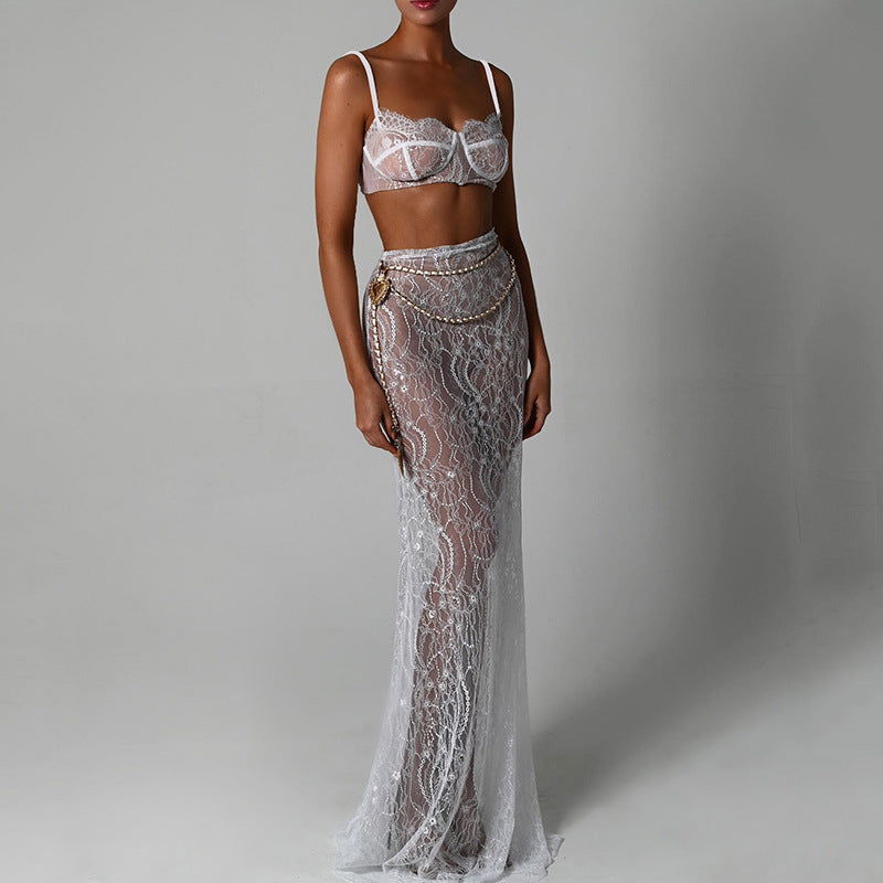Conjunto de dos piezas con vestido de noche, espalda descubierta y falda de cola de pez