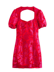 Square Neck Puff Sleeves Jacquard Dress Cross Backless Slim Fit Hip Wrapped Dress