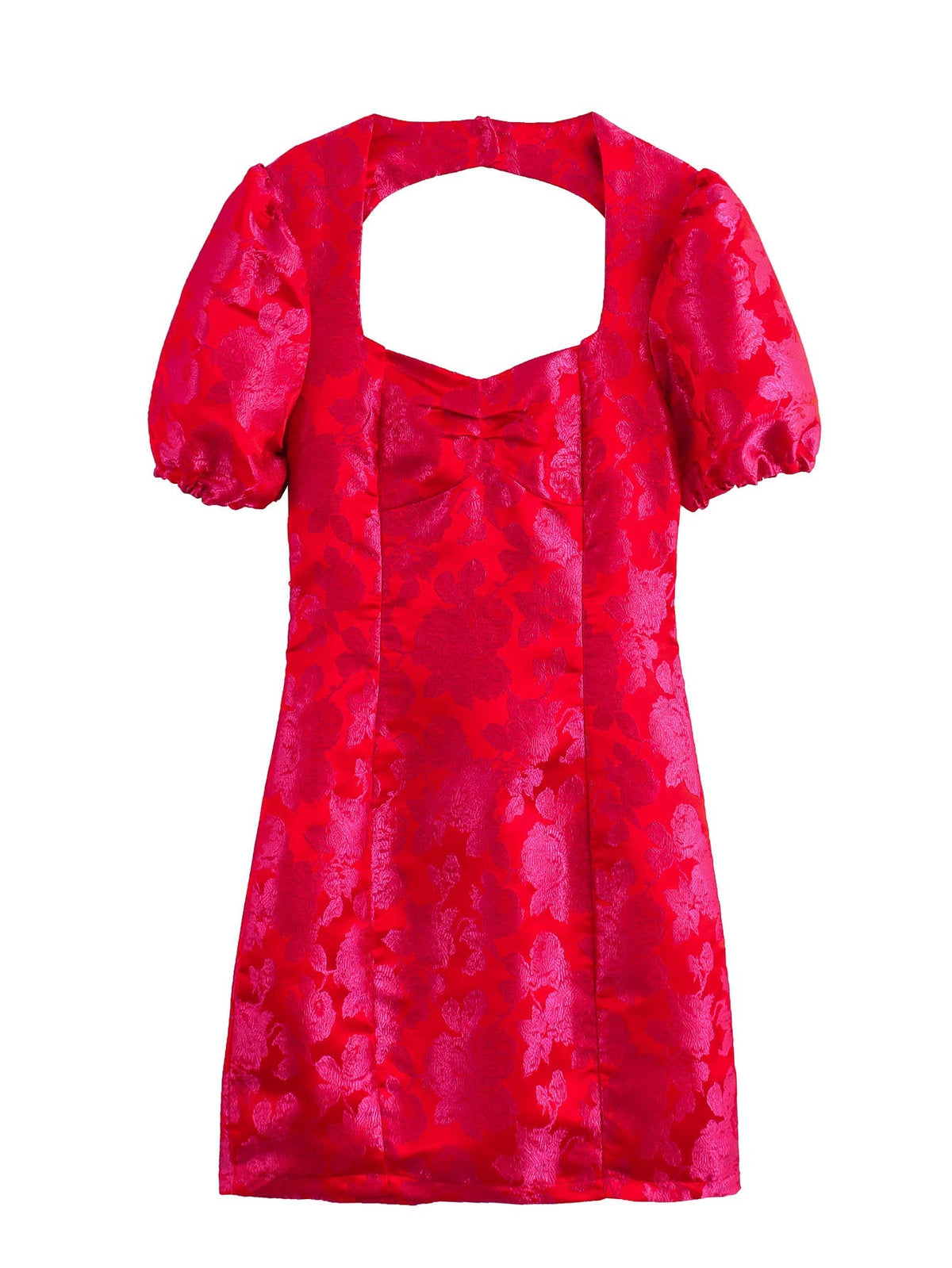 Square Neck Puff Sleeves Jacquard Dress Cross Backless Slim Fit Hip Wrapped Dress