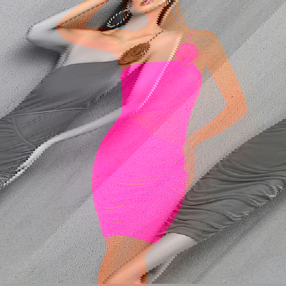 Tight See through Pleated Three Dimensional Floral Single Shoulder Suspender Backless Holiday Party Dress