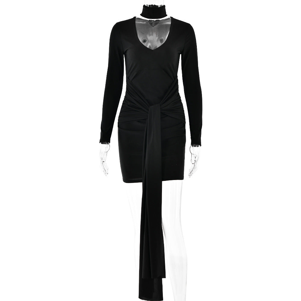 Trendy Deep V Plunge neck Long Sleeve Stitching Hip Lace up Short Dress