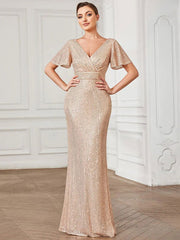 V Neck Sequ Floor Length Evening Dress Elegant Split Cocktail Party Party Dress