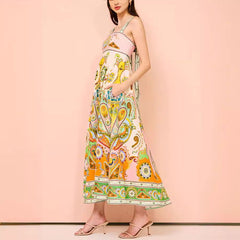 Sling Graffiti Printing Sleeveless Bow Swing Cotton Linen Dress