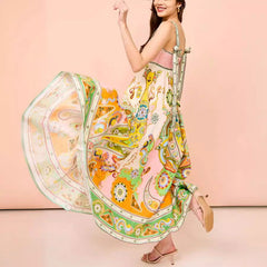 Sling Graffiti Printing Sleeveless Bow Swing Cotton Linen Dress