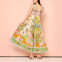 Sling Graffiti Printing Sleeveless Bow Swing Cotton Linen Dress