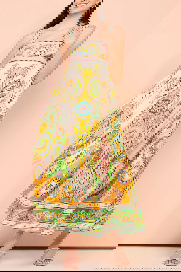 Sling Graffiti Printing Sleeveless Bow Swing Cotton Linen Dress