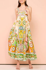 Sling Graffiti Printing Sleeveless Bow Swing Cotton Linen Dress