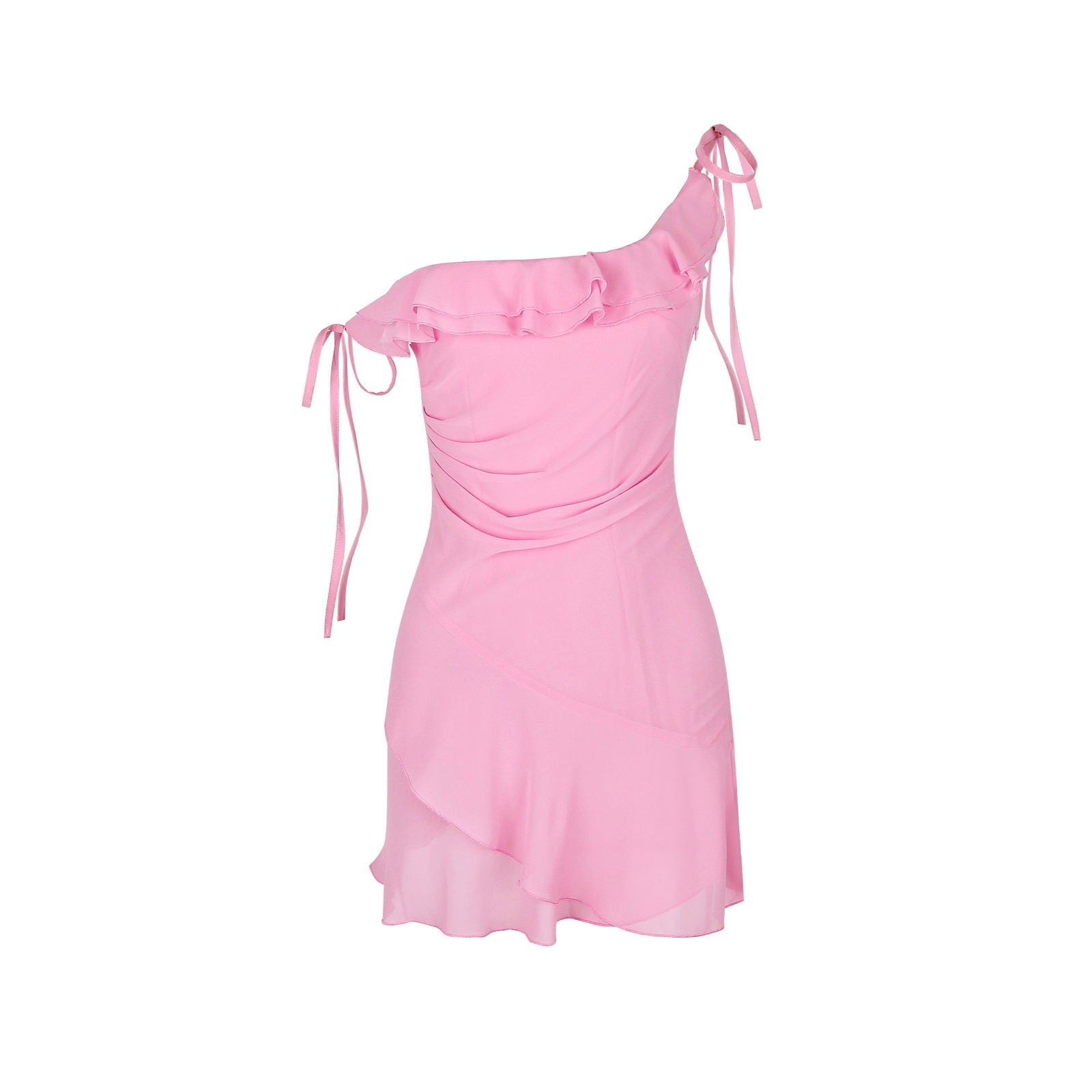 Vestido francés de gasa de alta calidad con volantes y hombros oblicuos, color rosa picante dulce, talla pequeña