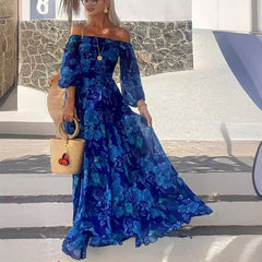off Neck Printed Large Swing Maxi Dress