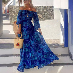 off Neck Printed Large Swing Maxi Dress