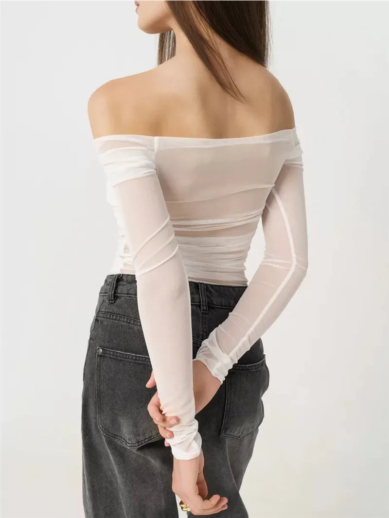 Mesh Off-shoulder Pleated Bust Strapless See Through Top