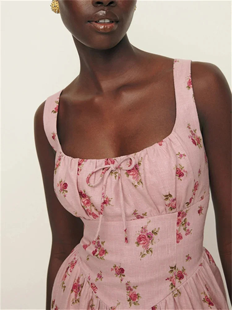 Floral Print Linen Square Collar Lace Up Mid Length Dress