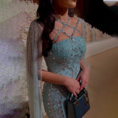Aqua Mermaid Evening Gown with Cape Sleeves