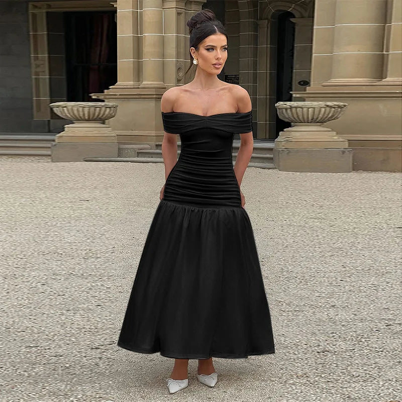 Slash Neck Off Shoulder Solid Dress
