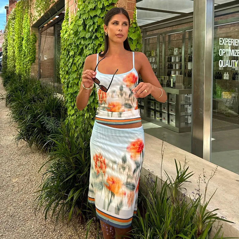 Print Floral Spaghetti Strap Top Mini Skirt Set