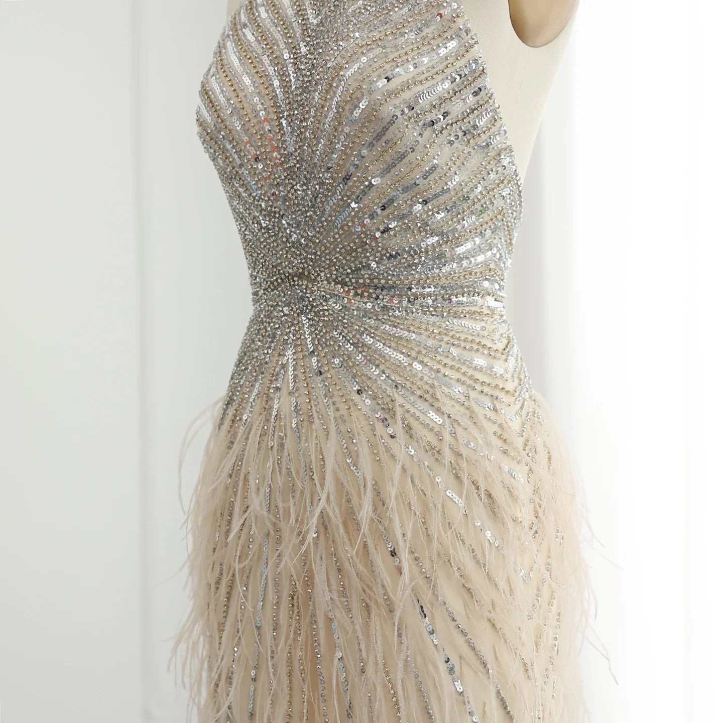 Beaded Feathers Mermaid Halter Backless Gown