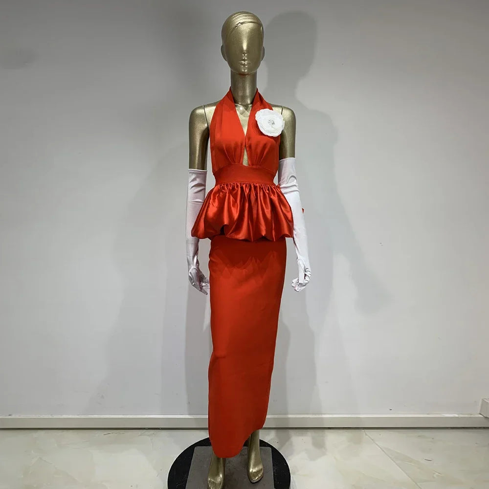 Backless 3D Flower Tight Long Bandage Dress