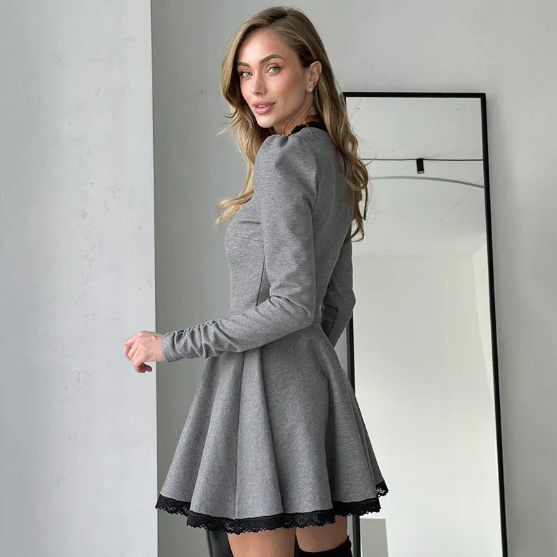 Patchwork Gray Long Sleeve A-line Mini Dress