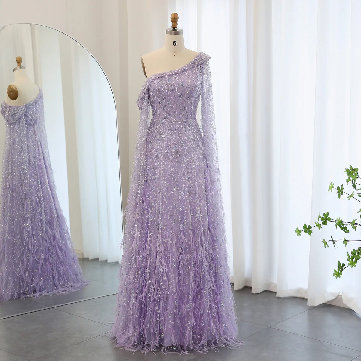 Feather Cape  One Shoulder Evening Gown