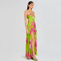 Strapless Retro Print Split Long Dress
